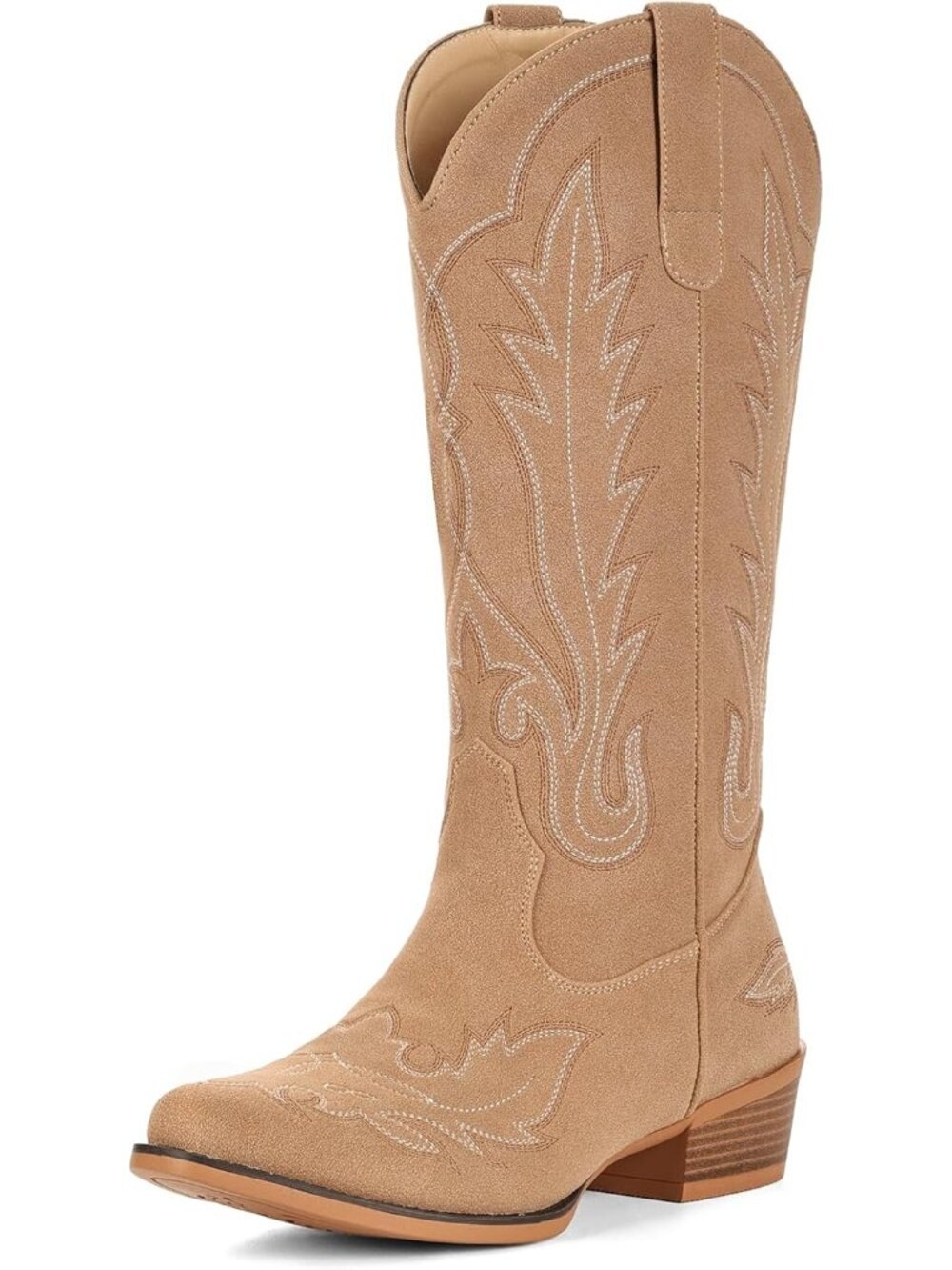 Women's Sand Embroidered Suede Split Mid Calf Chunky Heel Cowgirl Western Boots - Picture 4 of 6
